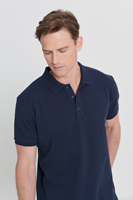 %100 Pamuk Kıvrılmaz Pike Polo Yaka Slim Fit Dar Kesim Prusya Lacivert Tişört resmi