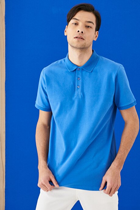 Slim Fit Dar Kesim Polo Yaka %100 Pamuk Kısa Kollu Royal Mavi Tişört resmi
