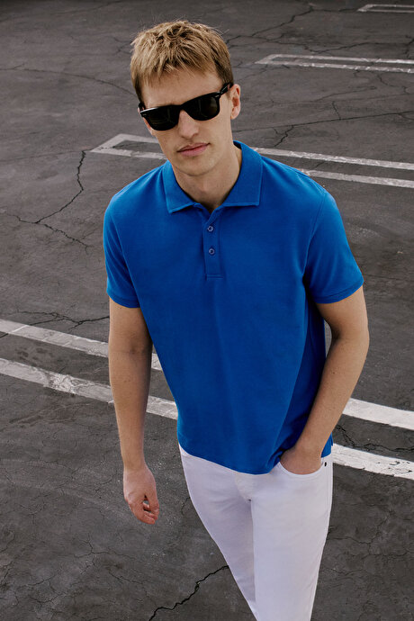 100 Pamuk Kıvrılmaz Pike Polo Yaka Slim Fit Dar Kesim Royal Mavi