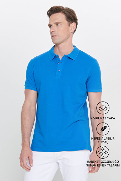 %100 Pamuk Kıvrılmaz Pike Polo Yaka Slim Fit Dar Kesim Royal Mavi Tişört resmi