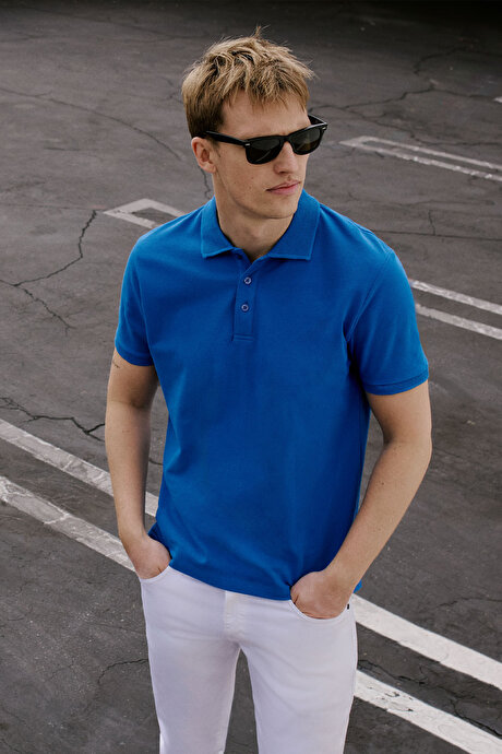 %100 Pamuk Kıvrılmaz Pike Polo Yaka Slim Fit Dar Kesim Royal Mavi Tişört resmi