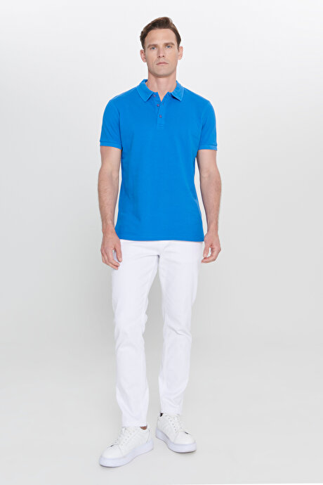 %100 Pamuk Kıvrılmaz Pike Polo Yaka Slim Fit Dar Kesim Royal Mavi Tişört resmi