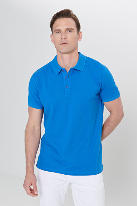 %100 Pamuk Kıvrılmaz Pike Polo Yaka Slim Fit Dar Kesim Royal Mavi Tişört resmi