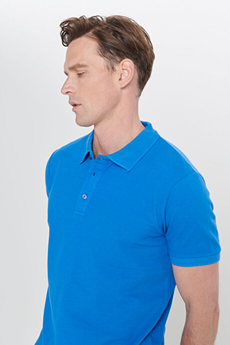 100 Pamuk Kıvrılmaz Pike Polo Yaka Slim Fit Dar Kesim Royal Mavi