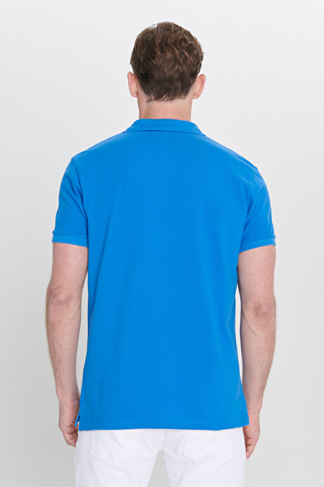 %100 Pamuk Kıvrılmaz Pike Polo Yaka Slim Fit Dar Kesim Royal Mavi Tişört resmi