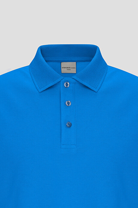 %100 Pamuk Kıvrılmaz Pike Polo Yaka Slim Fit Dar Kesim Royal Mavi Tişört resmi