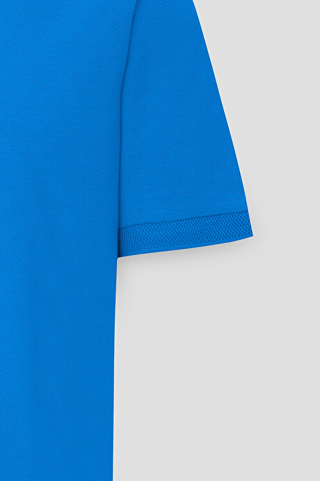 %100 Pamuk Kıvrılmaz Pike Polo Yaka Slim Fit Dar Kesim Royal Mavi Tişört resmi