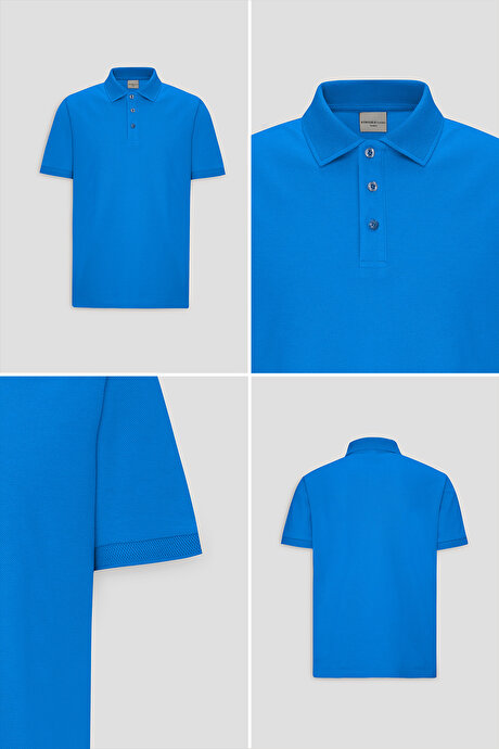%100 Pamuk Kıvrılmaz Pike Polo Yaka Slim Fit Dar Kesim Royal Mavi Tişört resmi