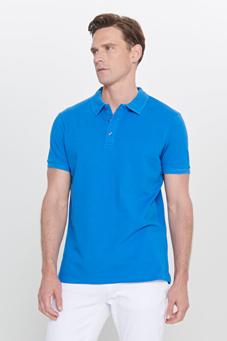 %100 Pamuk Kıvrılmaz Pike Polo Yaka Slim Fit Dar Kesim Royal Mavi Tişört resmi