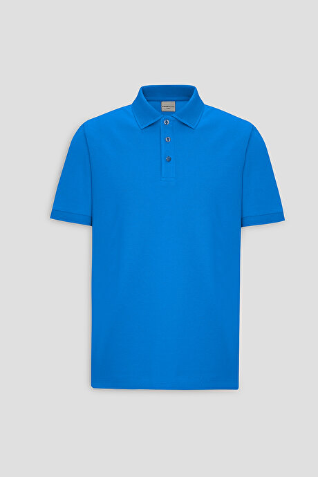 %100 Pamuk Kıvrılmaz Pike Polo Yaka Slim Fit Dar Kesim Royal Mavi Tişört resmi