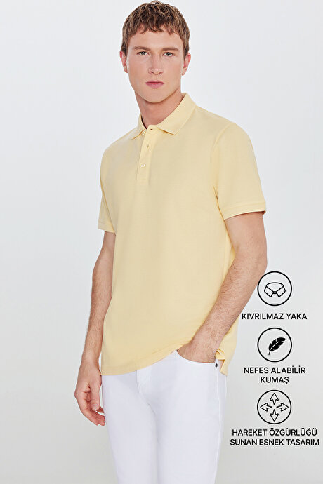 %100 Pamuk Kıvrılmaz Pike Polo Yaka Slim Fit Dar Kesim Sarı Tişört resmi
