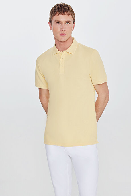 %100 Pamuk Kıvrılmaz Pike Polo Yaka Slim Fit Dar Kesim Sarı Tişört resmi