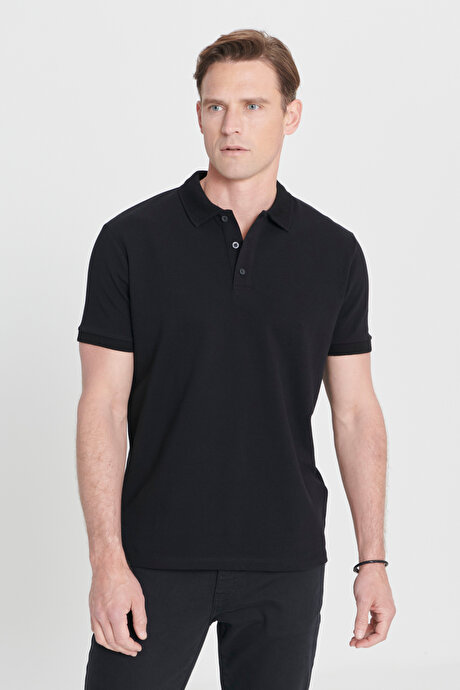 %100 Pamuk Kıvrılmaz Pike Polo Yaka Slim Fit Dar Kesim Siyah Tişört resmi