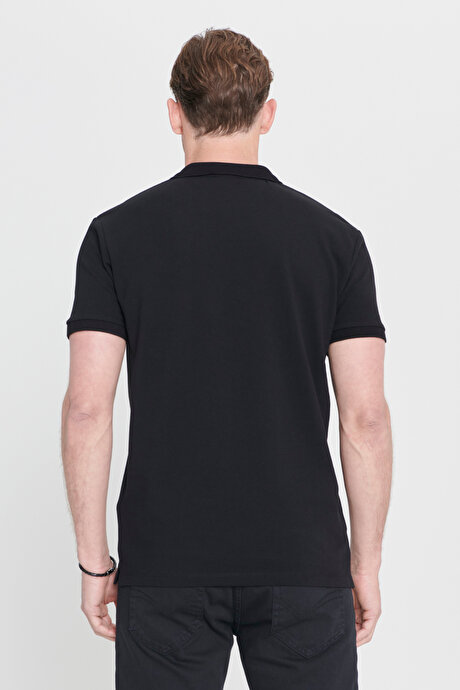 %100 Pamuk Kıvrılmaz Pike Polo Yaka Slim Fit Dar Kesim Siyah Tişört resmi