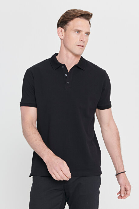 %100 Pamuk Kıvrılmaz Pike Polo Yaka Slim Fit Dar Kesim Siyah Tişört resmi