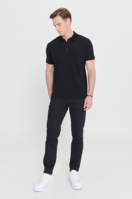 %100 Pamuk Kıvrılmaz Pike Polo Yaka Slim Fit Dar Kesim Siyah Tişört resmi