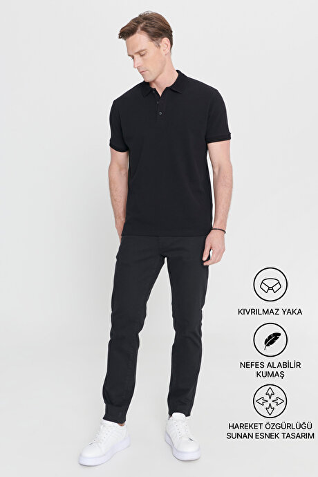 %100 Pamuk Kıvrılmaz Pike Polo Yaka Slim Fit Dar Kesim Siyah Tişört resmi
