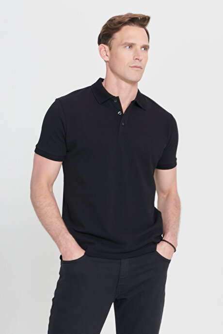 %100 Pamuk Kıvrılmaz Pike Polo Yaka Slim Fit Dar Kesim Siyah Tişört resmi