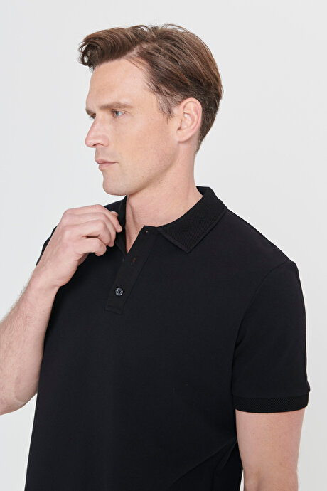 %100 Pamuk Kıvrılmaz Pike Polo Yaka Slim Fit Dar Kesim Siyah Tişört resmi