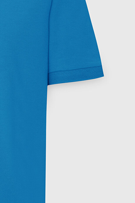 %100 Pamuk Kıvrılmaz Pike Polo Yaka Slim Fit Dar Kesim Turkuaz Tişört resmi