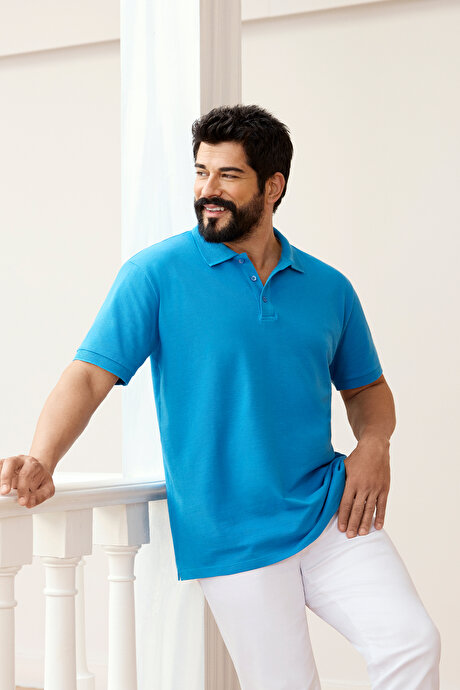 %100 Pamuk Kıvrılmaz Pike Polo Yaka Slim Fit Dar Kesim Turkuaz Tişört resmi