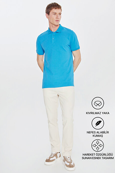 %100 Pamuk Kıvrılmaz Pike Polo Yaka Slim Fit Dar Kesim Turkuaz Tişört resmi