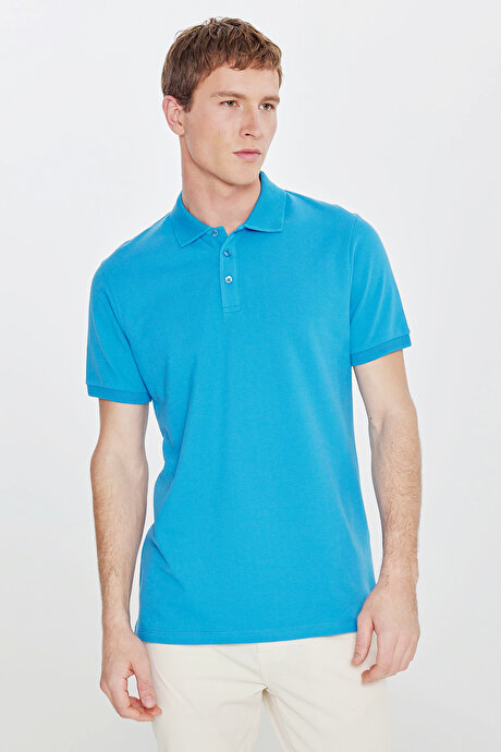 %100 Pamuk Kıvrılmaz Pike Polo Yaka Slim Fit Dar Kesim Turkuaz Tişört resmi