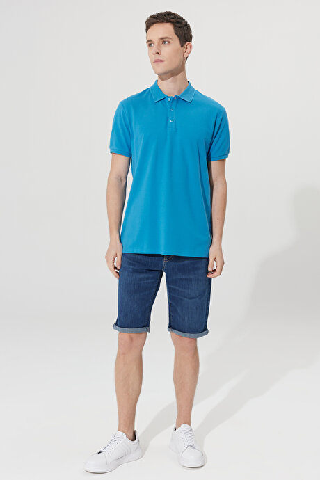 Slim Fit Dar Kesim Polo Yaka %100 Pamuk Kısa Kollu Turkuaz Tişört resmi