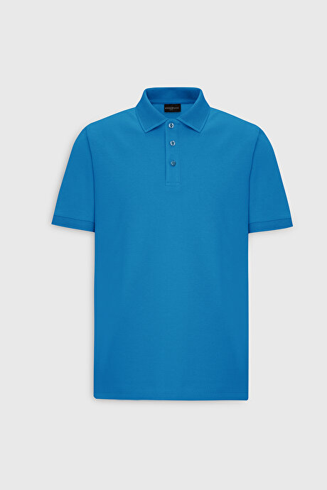 %100 Pamuk Kıvrılmaz Pike Polo Yaka Slim Fit Dar Kesim Turkuaz Tişört resmi