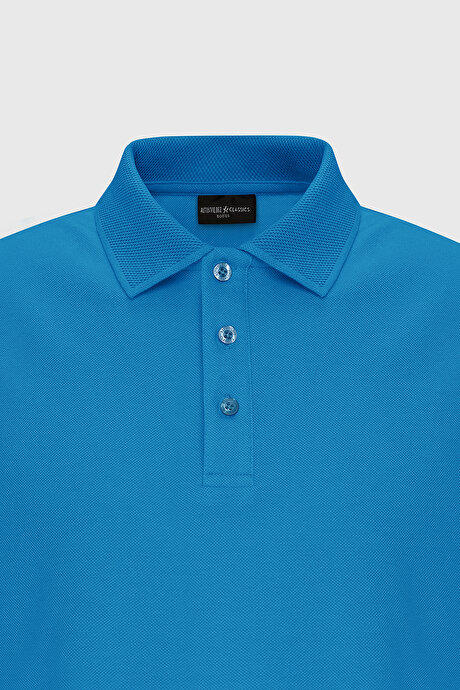 %100 Pamuk Kıvrılmaz Pike Polo Yaka Slim Fit Dar Kesim Turkuaz Tişört resmi