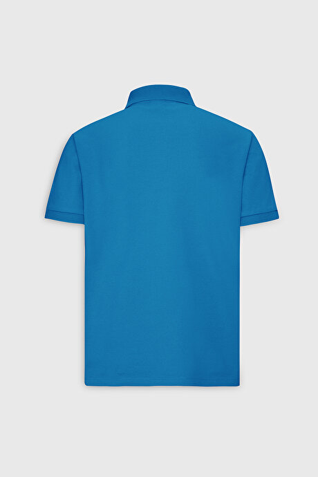 %100 Pamuk Kıvrılmaz Pike Polo Yaka Slim Fit Dar Kesim Turkuaz Tişört resmi