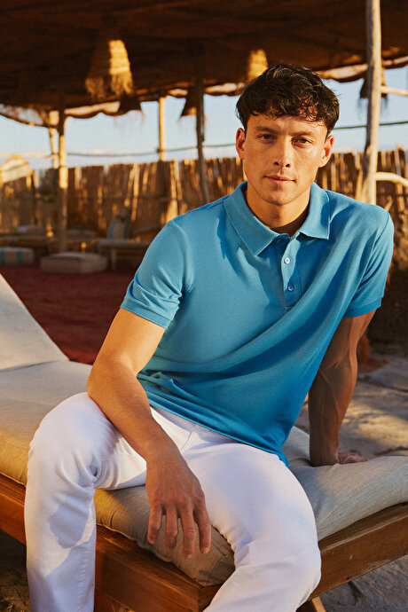 %100 Pamuk Kıvrılmaz Pike Polo Yaka Slim Fit Dar Kesim Turkuaz Tişört resmi