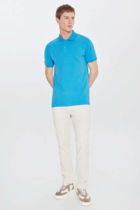%100 Pamuk Kıvrılmaz Pike Polo Yaka Slim Fit Dar Kesim Turkuaz Tişört resmi