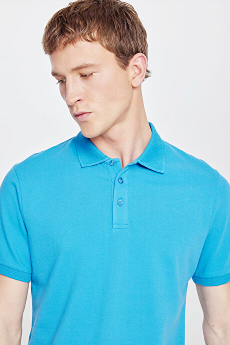 %100 Pamuk Kıvrılmaz Pike Polo Yaka Slim Fit Dar Kesim Turkuaz Tişört resmi