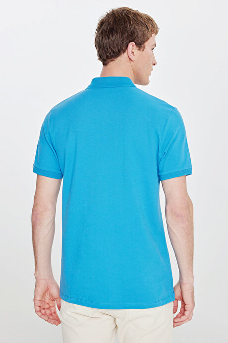 %100 Pamuk Kıvrılmaz Pike Polo Yaka Slim Fit Dar Kesim Turkuaz Tişört resmi