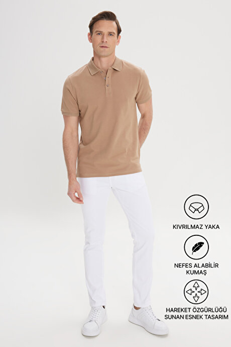 %100 Pamuk Kıvrılmaz Pike Polo Yaka Slim Fit Dar Kesim Vizon Tişört resmi