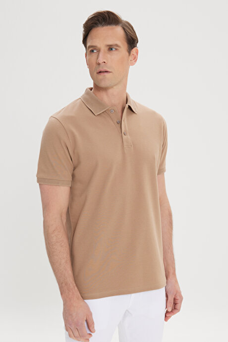 %100 Pamuk Kıvrılmaz Pike Polo Yaka Slim Fit Dar Kesim Vizon Tişört resmi