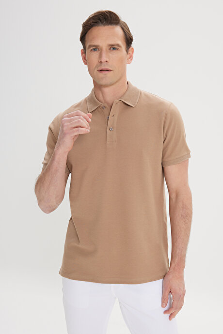 %100 Pamuk Kıvrılmaz Pike Polo Yaka Slim Fit Dar Kesim Vizon Tişört resmi