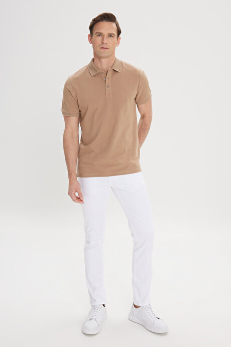 %100 Pamuk Kıvrılmaz Pike Polo Yaka Slim Fit Dar Kesim Vizon Tişört resmi