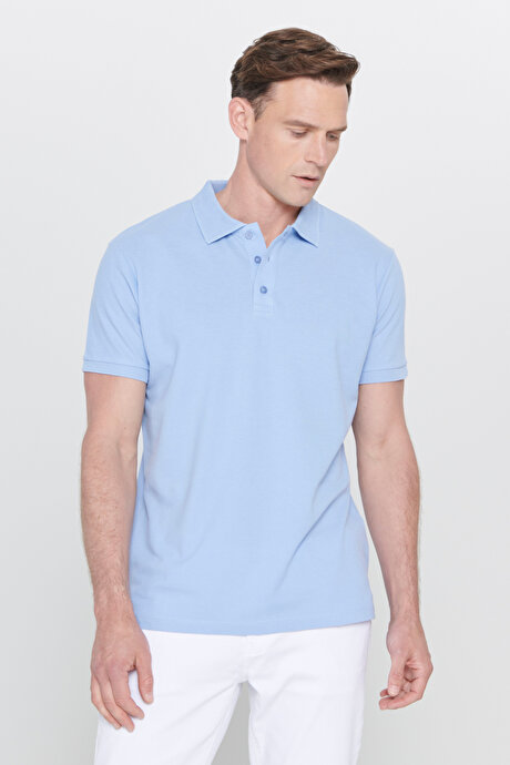 %100 Pamuk Kıvrılmaz Polo Yaka Slim Fit Dar Kesim Açık Mavi Tişört resmi