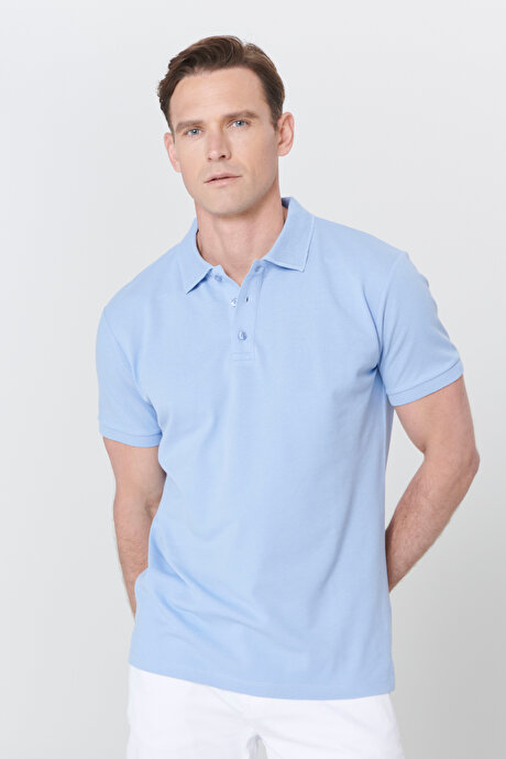 %100 Pamuk Kıvrılmaz Polo Yaka Slim Fit Dar Kesim Açık Mavi Tişört resmi