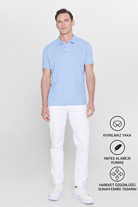 %100 Pamuk Kıvrılmaz Pike Polo Yaka Slim Fit Dar Kesim Açık Mavi Tişört resmi