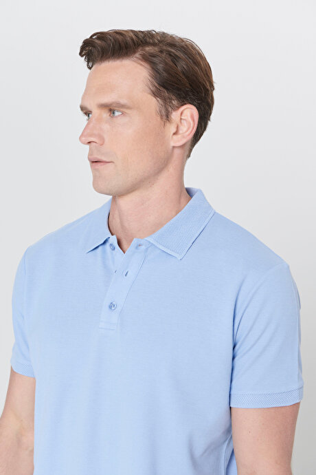 %100 Pamuk Kıvrılmaz Pike Polo Yaka Slim Fit Dar Kesim Açık Mavi Tişört resmi