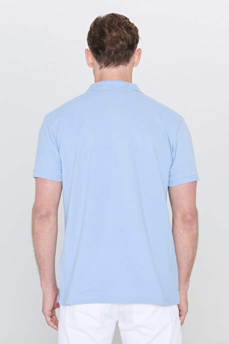 %100 Pamuk Kıvrılmaz Pike Polo Yaka Slim Fit Dar Kesim Açık Mavi Tişört resmi