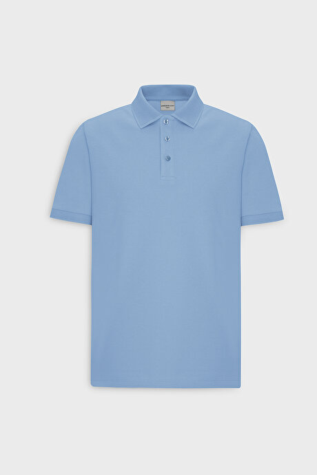 %100 Pamuk Kıvrılmaz Pike Polo Yaka Slim Fit Dar Kesim Açık Mavi Tişört resmi