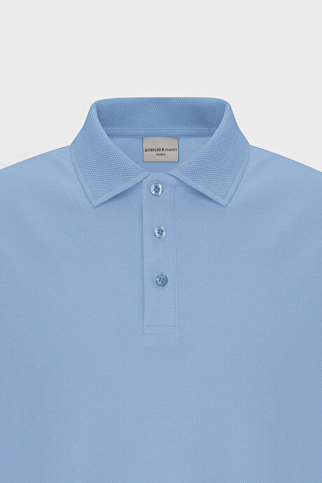 %100 Pamuk Kıvrılmaz Pike Polo Yaka Slim Fit Dar Kesim Açık Mavi Tişört resmi
