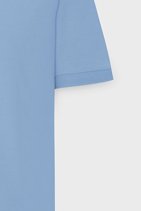 %100 Pamuk Kıvrılmaz Pike Polo Yaka Slim Fit Dar Kesim Açık Mavi Tişört resmi