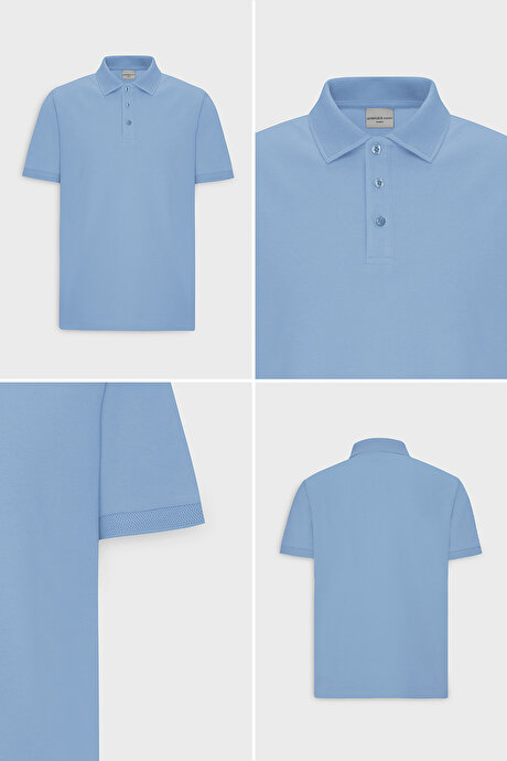 %100 Pamuk Kıvrılmaz Pike Polo Yaka Slim Fit Dar Kesim Açık Mavi Tişört resmi