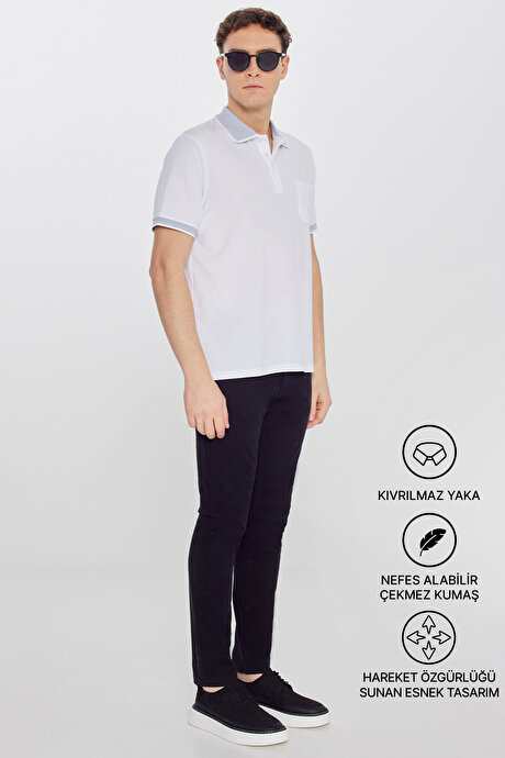 Pamuklu Comfort Fit Rahat Kesim Polo Yaka Cepli Beyaz-Beyaz Tişört resmi