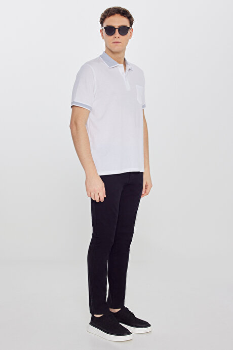 Pamuklu Comfort Fit Rahat Kesim Polo Yaka Cepli Beyaz-Beyaz Tişört resmi
